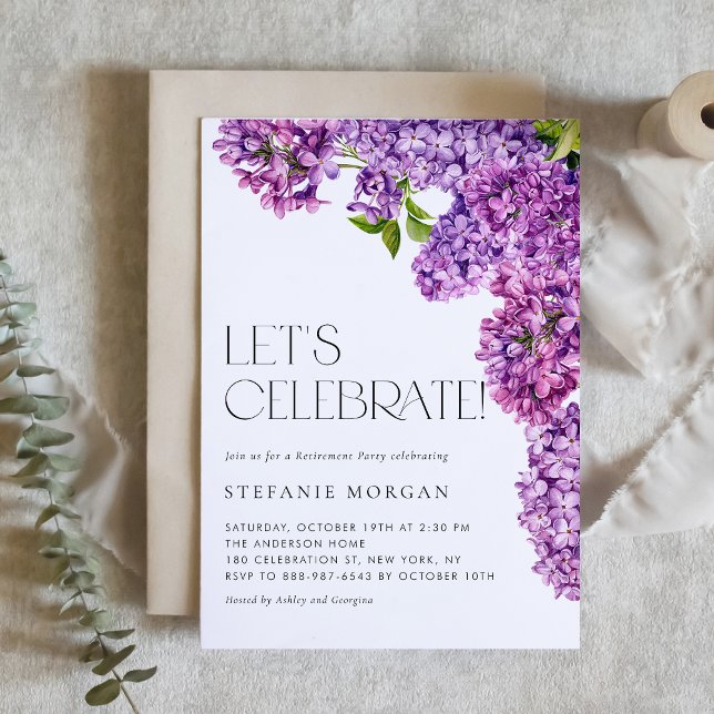Purple Watercolor Lilac Flowers Retirement Party Invitation (Creator Uploaded)