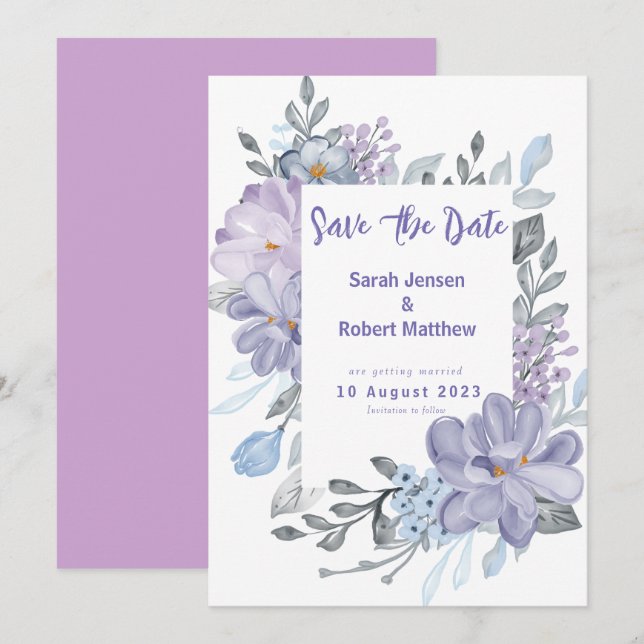 Purple Watercolor Lilac Flowers Wedding  Save The Date (Front/Back)