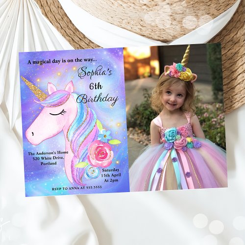 Purple Watercolor Magical Unicorns Birthday Photo Invitation