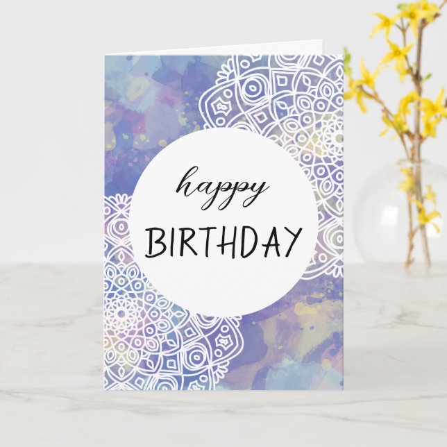 Purple Watercolor Mandala Happy Birthday Card (Yellow Flower)