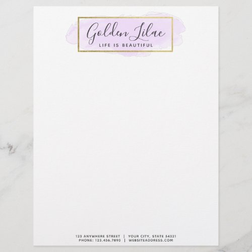 Purple Watercolor  Modern Gold Geometric Chic Letterhead