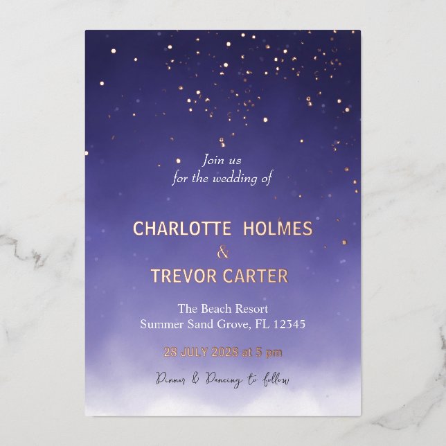 Purple Watercolor Modern Stars Wedding Gold Foil Invitation (Front)