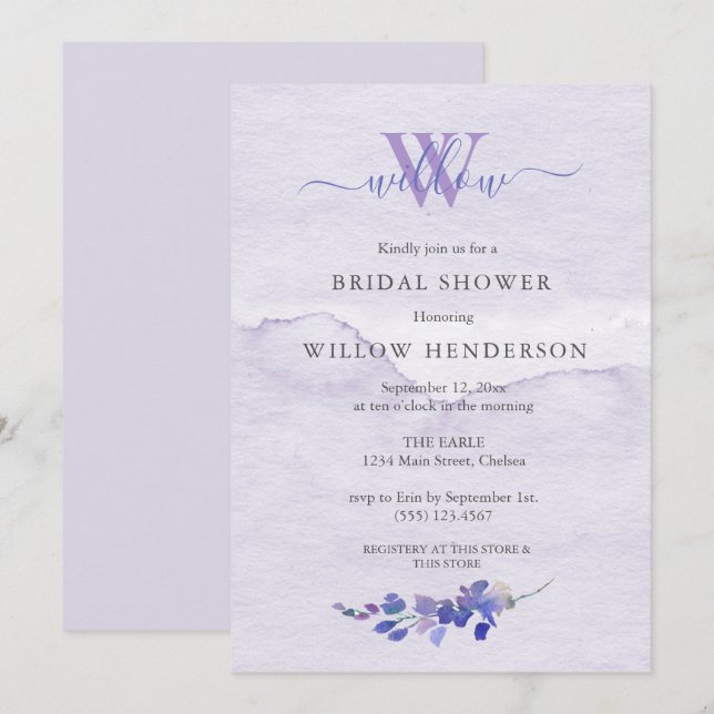Purple Watercolor Monogram Bridal Shower Invitation (Front/Back)