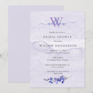Purple Watercolor Monogram Bridal Shower Invitation