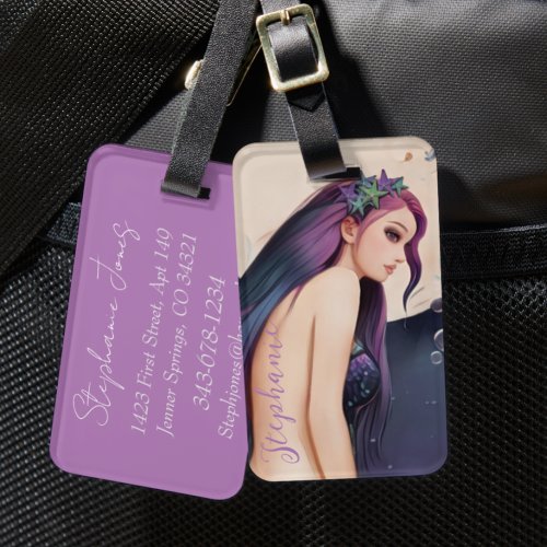 Purple Watercolor Moon Mermaid Backpack Luggage Tag