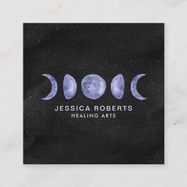 Purple Watercolor Moon Phases Metaphysical Square Business Card (Front)