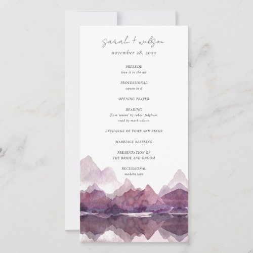 Purple Watercolor Mountain Lake Wedding Program