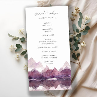 Purple Watercolor Mountain Lake Wedding Program