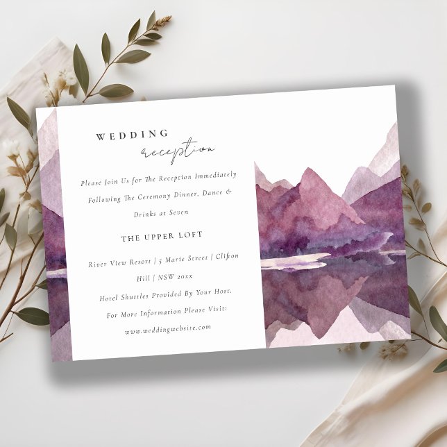 Purple Watercolor Mountain Lake Wedding Reception Enclosure Card (Creator Uploaded)