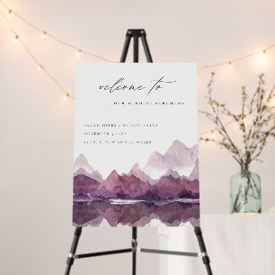 Purple Watercolor Mountain Lake Wedding Welcome Foam Board