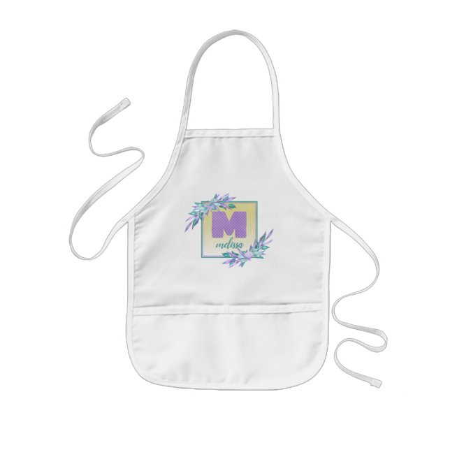 Purple Watercolor Ombre Mermaid Scales Monogram Kids' Apron (Front)