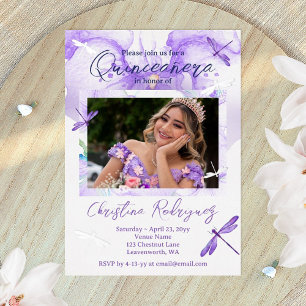 Purple Watercolor Orchid, Dragonfly Quinceanera Foil Invitation