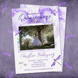 Purple Watercolor Orchid, Dragonfly Quinceanera Foil Invitation