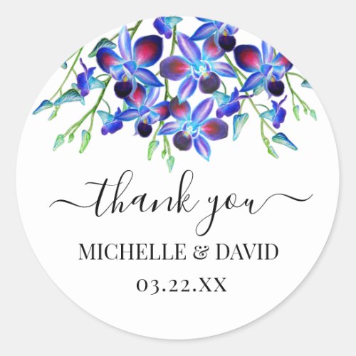 Purple Watercolor Orchid Flowers Wedding Thank You Classic Round Sticker