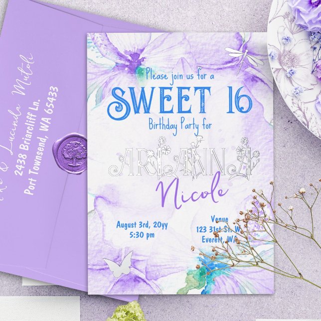 Purple Watercolor Orchids Sweet 16 Foil Invitation (Purple and blue sweet sixteen 16 birthday party invitation, silver foil letters, botanical design)
