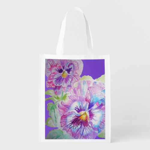 Purple Watercolor Pansy pansies floral Grocery Bag