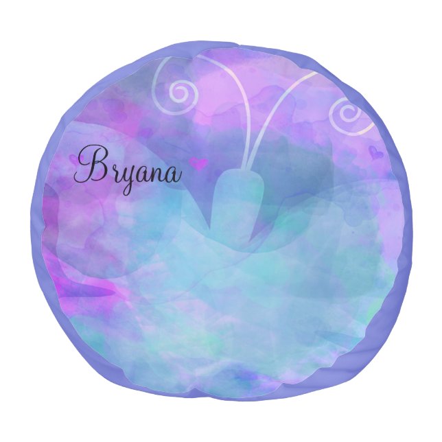Purple Watercolor Pastel Butterfly Personalized Pouf (Top)