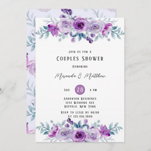 Purple Watercolor Peony Eucalyptus Couples Shower  Invitation