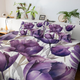 Purple Watercolor peony floral Duvet Cover