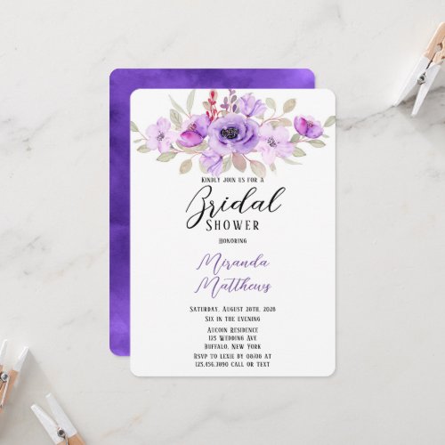 Purple Watercolor Peony Flowers Bridal Shower Invitation