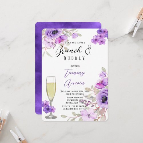 Purple Watercolor Peony Flowers Brunch  Bubbly Invitation