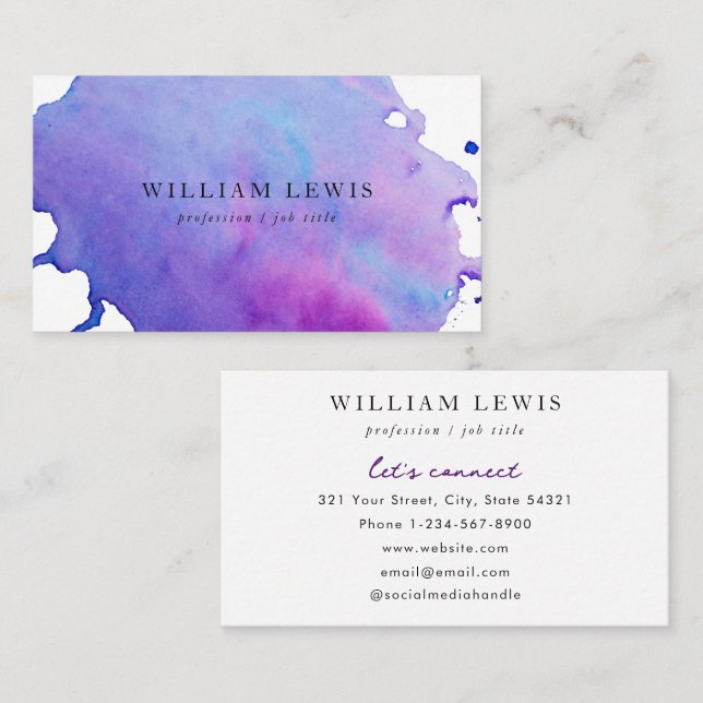 Purple Watercolor Professional Modern Business Card (Front/Back)