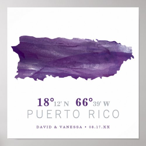 Purple Watercolor Puerto Rico Map Coordinates Poster