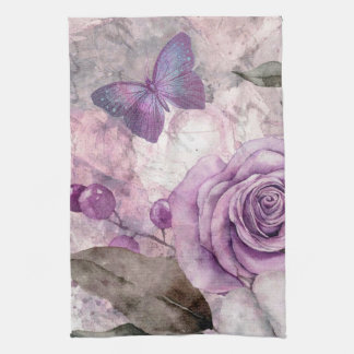 Purple Watercolor Rose and Butterfly  Kitchen Towel