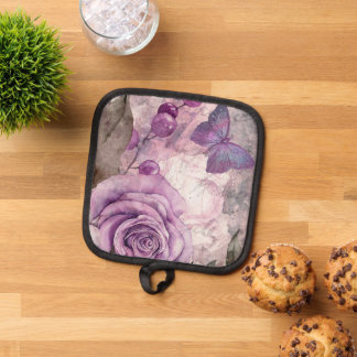 Purple Watercolor Rose and Butterfly  Pot Holder