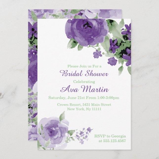Purple Watercolor Rose, Bridal Shower Invitations (Front/Back)