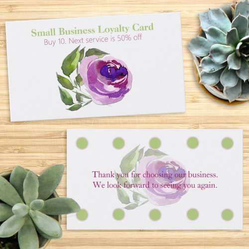 Purple Watercolor Rose Business Loyalty Punch Card