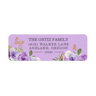 Purple Watercolor Rose Butterfly Return Address La Label