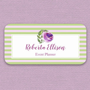 Purple Watercolor Rose Floral Stripes Business Name Tag