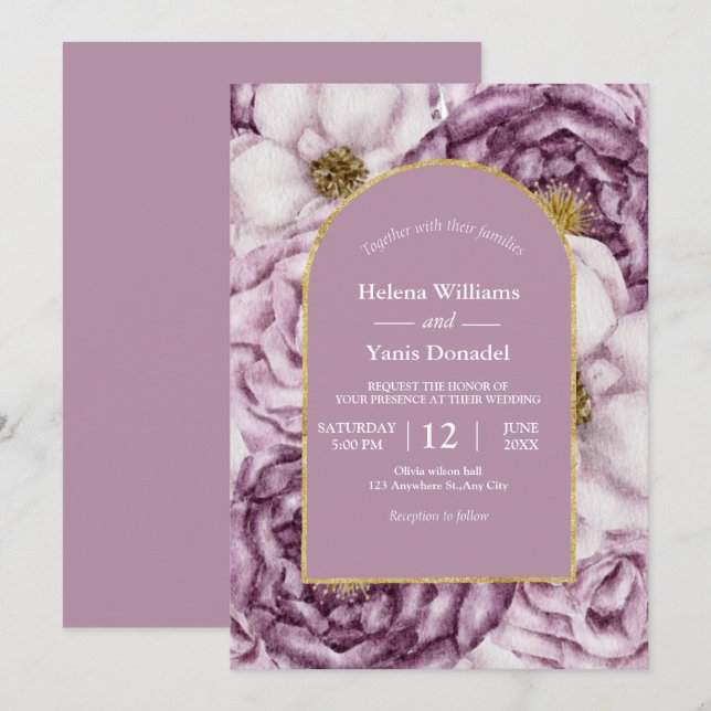 Purple Watercolor Rose & Gold Arch  Invitation (Front/Back)