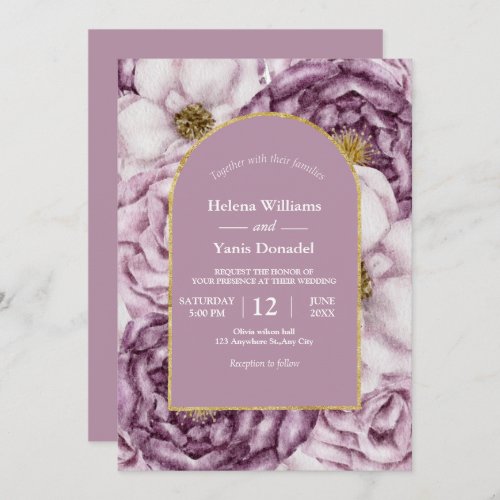 Purple Watercolor Rose  Gold Arch  Invitation