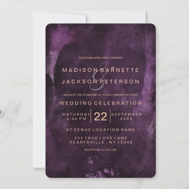Purple Watercolor Rose Gold Wedding Invitations (Front)
