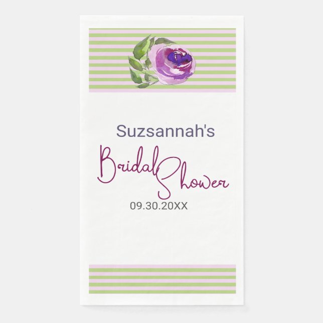 Purple Watercolor Rose Stripes Bridal Shower Paper Guest Towels (Front)