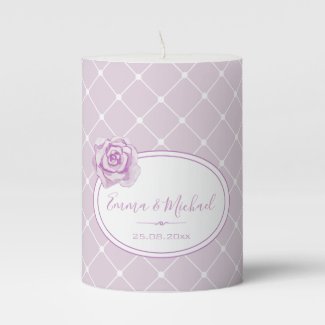 Purple Watercolor Rose & Trellis Pattern Wedding Pillar Candle
