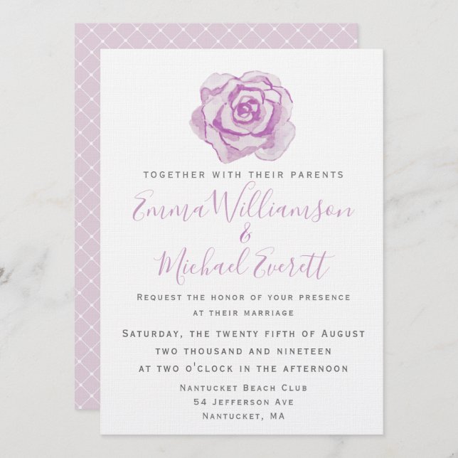Purple Watercolor Rose | Wedding invitation (Front/Back)