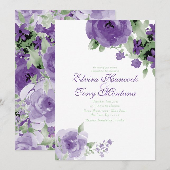 Purple Watercolor Rose, Wedding Invitations (Front/Back)