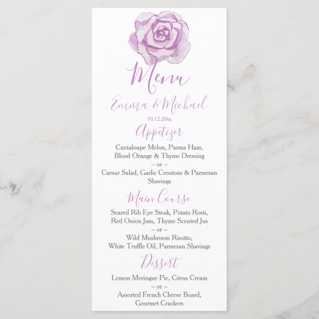 Purple Watercolor Rose | Wedding Menu (Front)