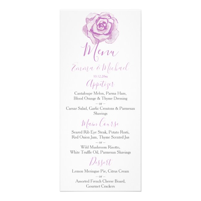 Purple Watercolor Rose | Wedding Menu