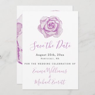 Purple Watercolor Rose Wedding Save the Date Card