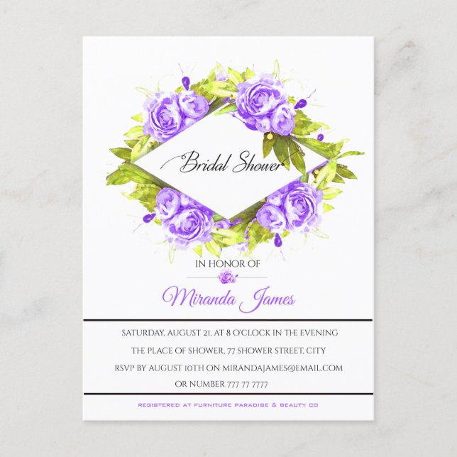 Purple Watercolor Roses Arrangement Bridal Shower Invitation Postcard (Front)