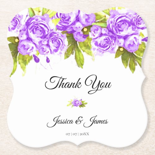 Purple Watercolor Roses Arrangement Thank You Paper Coaster