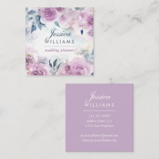 Purple Watercolor Roses Botanical Artistic Square Business Card