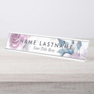 Purple Watercolor Roses Custom Desk Nameplate