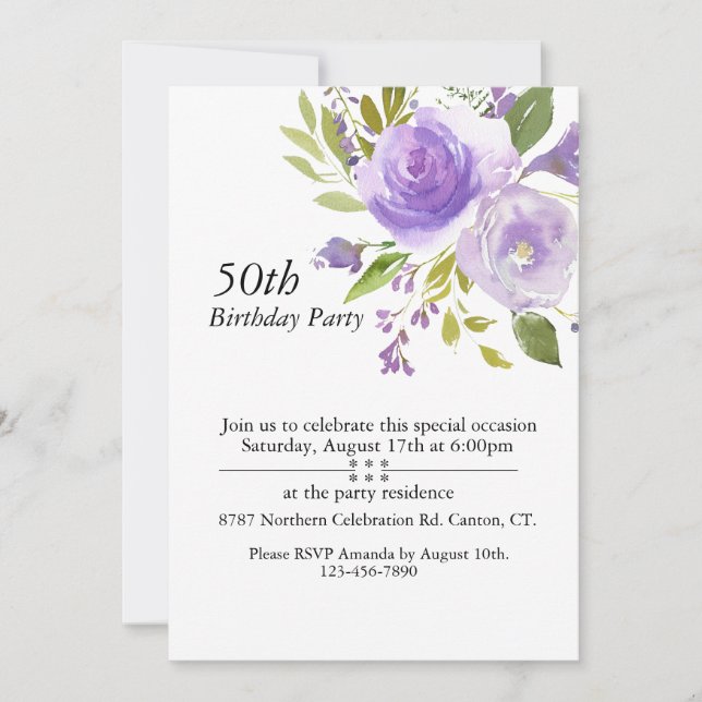 Purple Watercolor Roses,Customizable 50th Birthday Invitation (Front)
