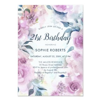 Purple Watercolor Roses Floral 21st Birthday Invitation