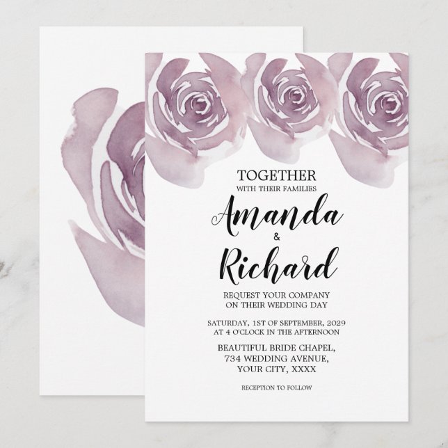 Purple Watercolor Roses Pretty Bridal Wedding Invitation (Front/Back)